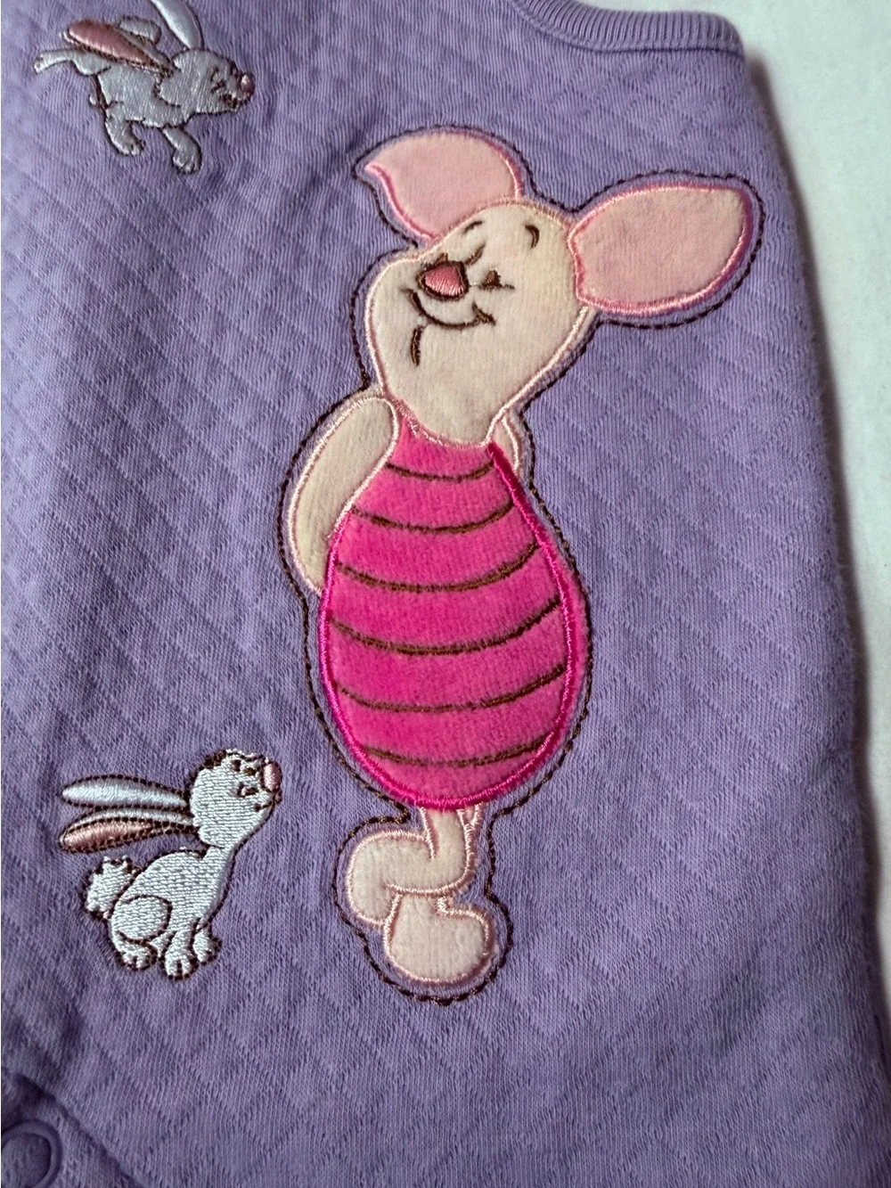 Vintage Y2K Disney Applique Embroidered Piglet Lavender One-Piece Romper